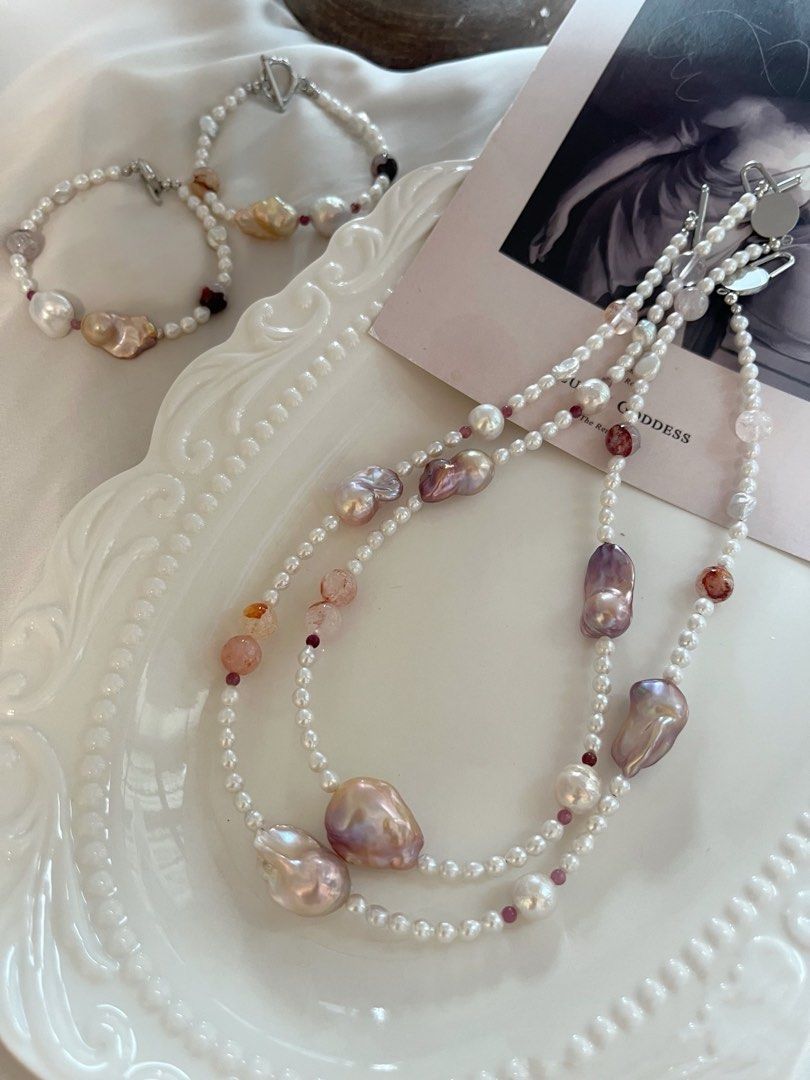 #PN824 Freshwater Pearl Necklace & Bracelet Set | Lustrous | Fire Quartz | Tourmaline | Baby Baroque | From Day to Night