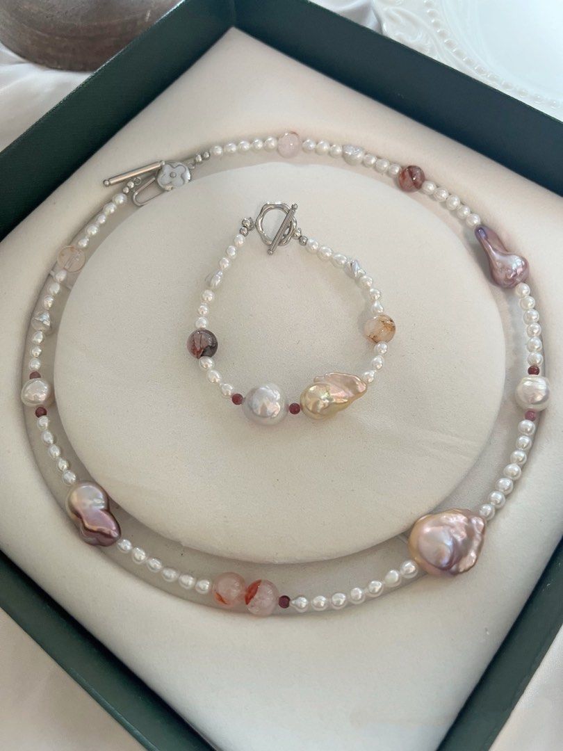 #PN824 Freshwater Pearl Necklace & Bracelet Set | Lustrous | Fire Quartz | Tourmaline | Baby Baroque | From Day to Night