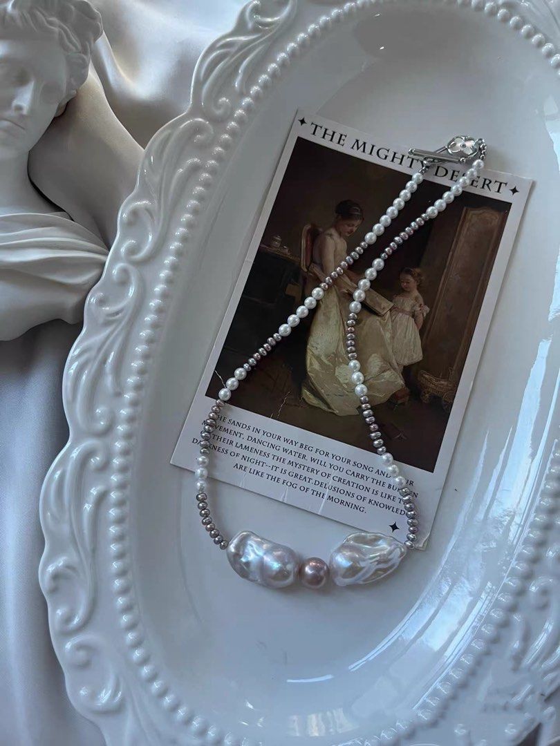 #PN826 [Floral Series] Freshwater Pearl Necklace | Fishtail Baroque | Silver Petals| Metallic Baby Pearl | Lustrous Edison Pearl | Bow Tie| Timeless with A Twist