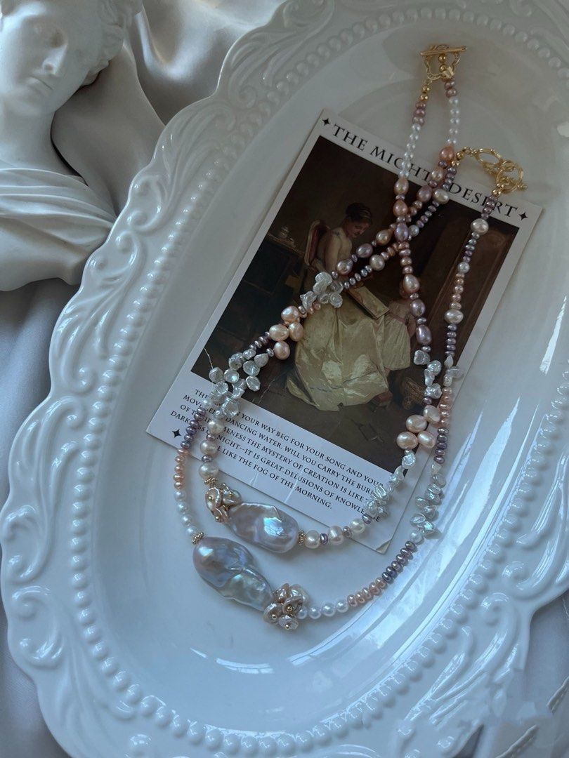 #PN826 [Floral Series] Freshwater Pearl Necklace | Fishtail Baroque | Silver Petals| Metallic Baby Pearl | Lustrous Edison Pearl | Bow Tie| Timeless with A Twist