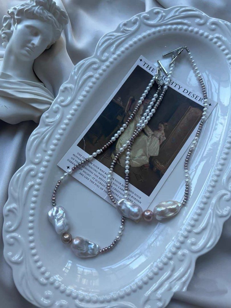 #PN826 [Floral Series] Freshwater Pearl Necklace | Fishtail Baroque | Silver Petals| Metallic Baby Pearl | Lustrous Edison Pearl | Bow Tie| Timeless with A Twist