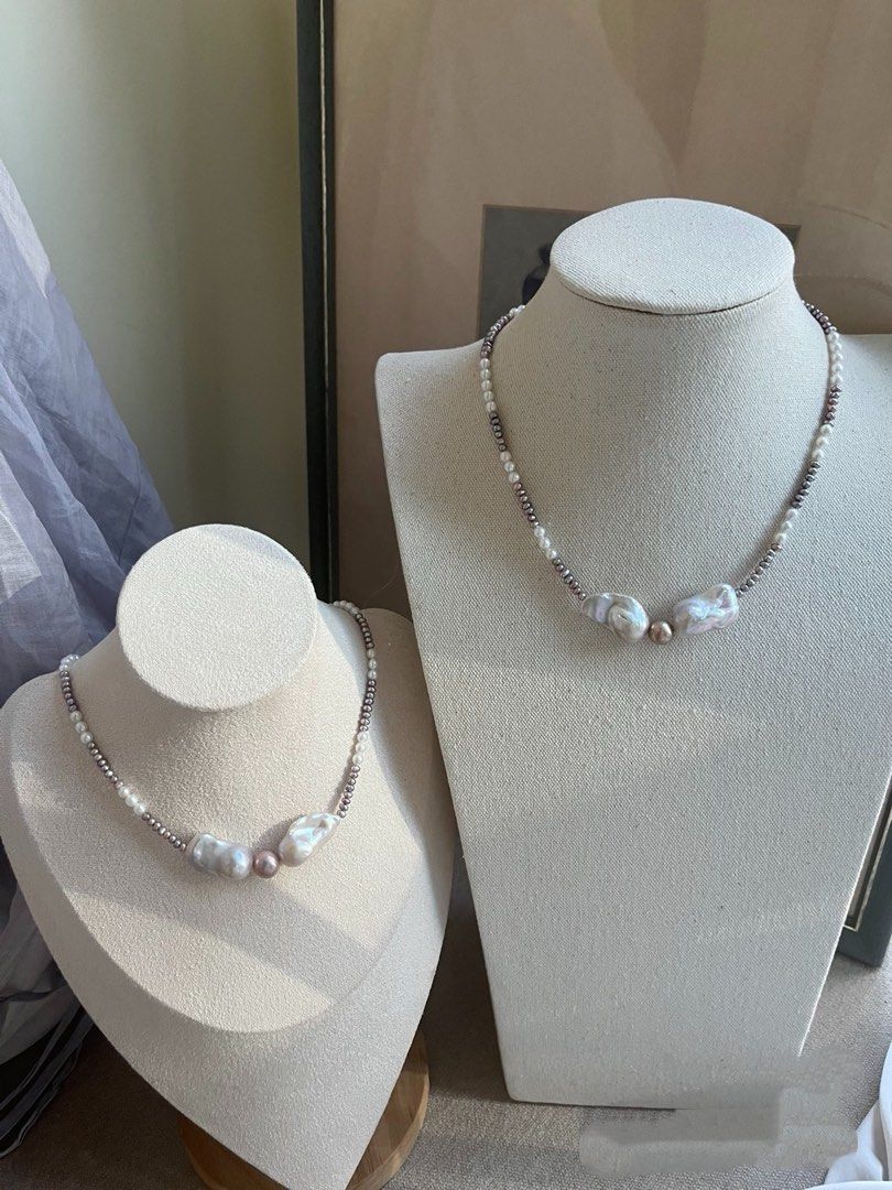 #PN826 [Floral Series] Freshwater Pearl Necklace | Fishtail Baroque | Silver Petals| Metallic Baby Pearl | Lustrous Edison Pearl | Bow Tie| Timeless with A Twist