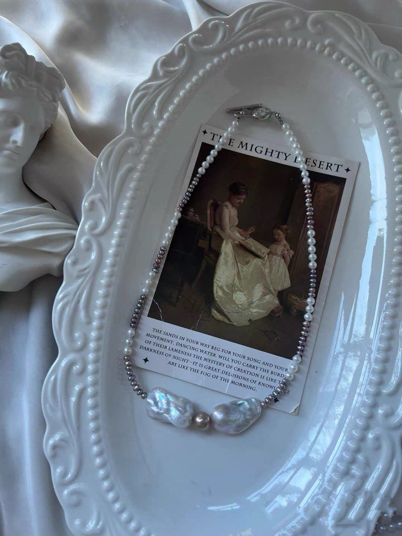 #PN826 [Floral Series] Freshwater Pearl Necklace | Fishtail Baroque | Silver Petals| Metallic Baby Pearl | Lustrous Edison Pearl | Bow Tie| Timeless with A Twist