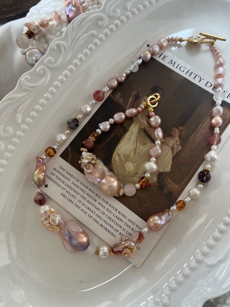 #PN827 [Floral Series] Freshwater Pearl Necklace & Bracelet Set | Candy Shaped|Metallic Fishtail Baroque Pearl | Natural Stones | Beeswax | Lustrous |Wrinkled Baroque | Giving Main Character