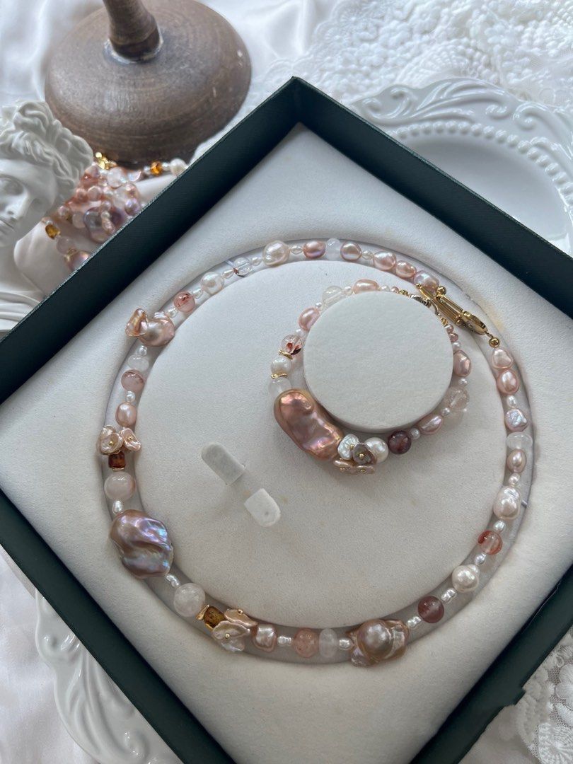 #PN827 [Floral Series] Freshwater Pearl Necklace & Bracelet Set | Candy Shaped|Metallic Fishtail Baroque Pearl | Natural Stones | Beeswax | Lustrous |Wrinkled Baroque | Giving Main Character