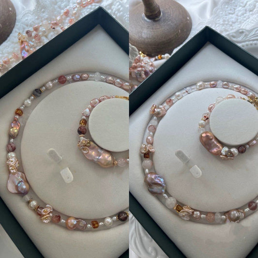 #PN827 [Floral Series] Freshwater Pearl Necklace & Bracelet Set | Candy Shaped|Metallic Fishtail Baroque Pearl | Natural Stones | Beeswax | Lustrous |Wrinkled Baroque | Giving Main Character
