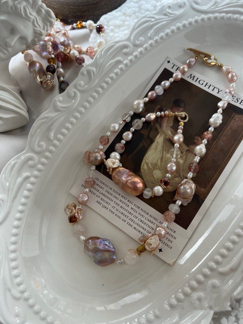 #PN827 [Floral Series] Freshwater Pearl Necklace & Bracelet Set | Candy Shaped|Metallic Fishtail Baroque Pearl | Natural Stones | Beeswax | Lustrous |Wrinkled Baroque | Giving Main Character
