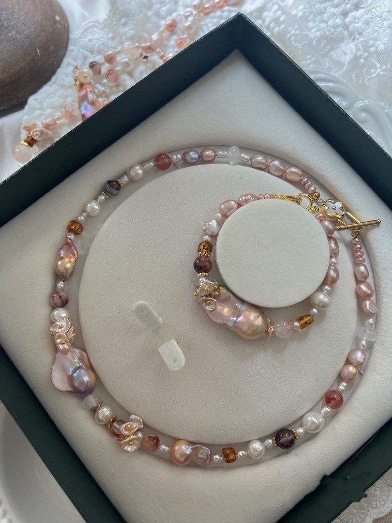 #PN827 [Floral Series] Freshwater Pearl Necklace & Bracelet Set | Candy Shaped|Metallic Fishtail Baroque Pearl | Natural Stones | Beeswax | Lustrous |Wrinkled Baroque | Giving Main Character