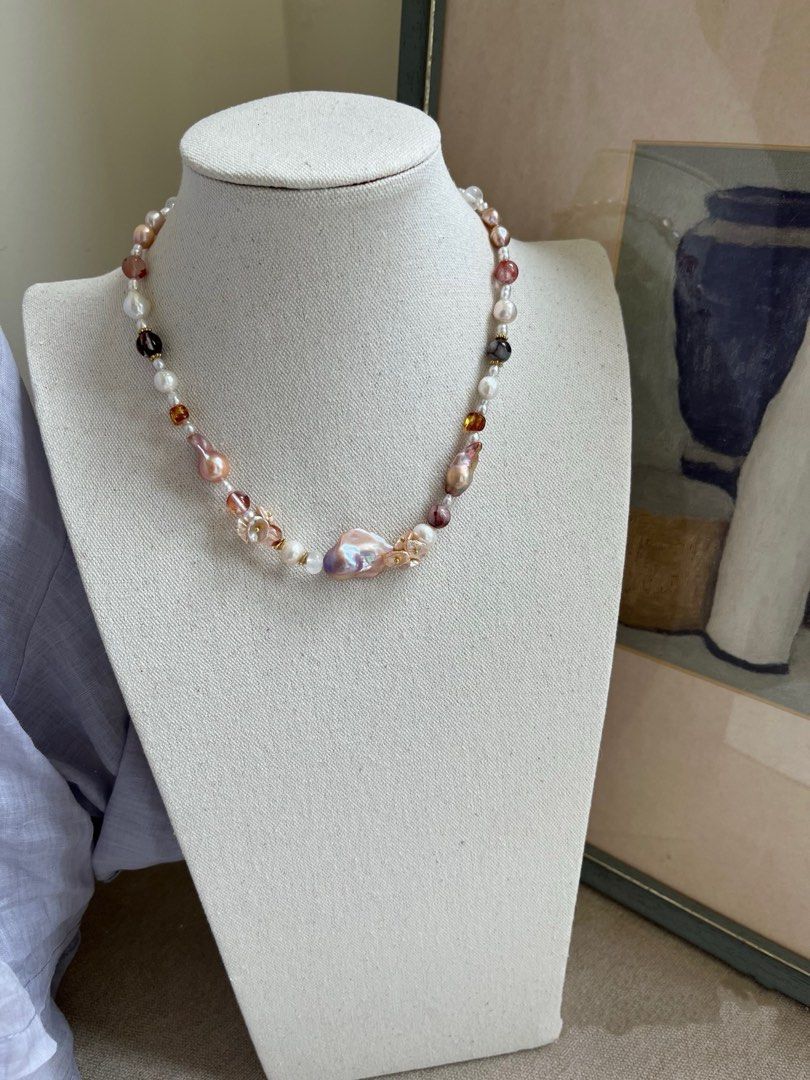 #PN827 [Floral Series] Freshwater Pearl Necklace & Bracelet Set | Candy Shaped|Metallic Fishtail Baroque Pearl | Natural Stones | Beeswax | Lustrous |Wrinkled Baroque | Giving Main Character