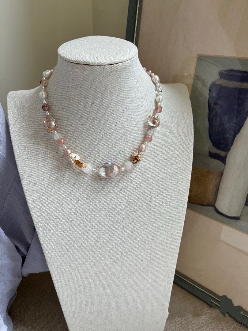 #PN827 [Floral Series] Freshwater Pearl Necklace & Bracelet Set | Candy Shaped|Metallic Fishtail Baroque Pearl | Natural Stones | Beeswax | Lustrous |Wrinkled Baroque | Giving Main Character
