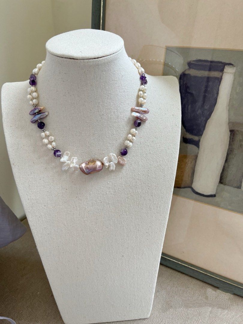 #PN828 Freshwater Pearl Necklace & Bracelet Set | Can Connect to Wear|Oil Painting Fishtail Baroque | Braided 2-layer | Amethyst | Lute Pearl | Just the Right Amount