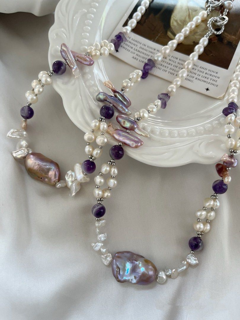 #PN828 Freshwater Pearl Necklace & Bracelet Set | Can Connect to Wear|Oil Painting Fishtail Baroque | Braided 2-layer | Amethyst | Lute Pearl | Just the Right Amount