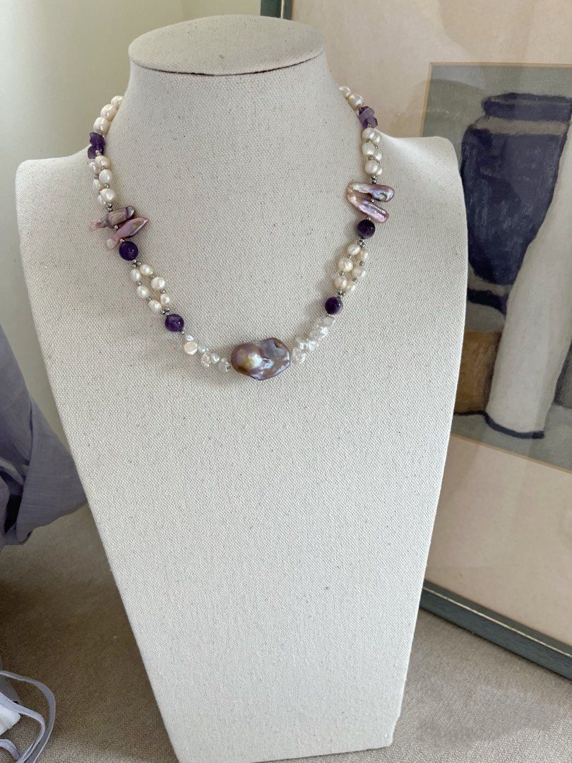#PN828 Freshwater Pearl Necklace & Bracelet Set | Can Connect to Wear|Oil Painting Fishtail Baroque | Braided 2-layer | Amethyst | Lute Pearl | Just the Right Amount
