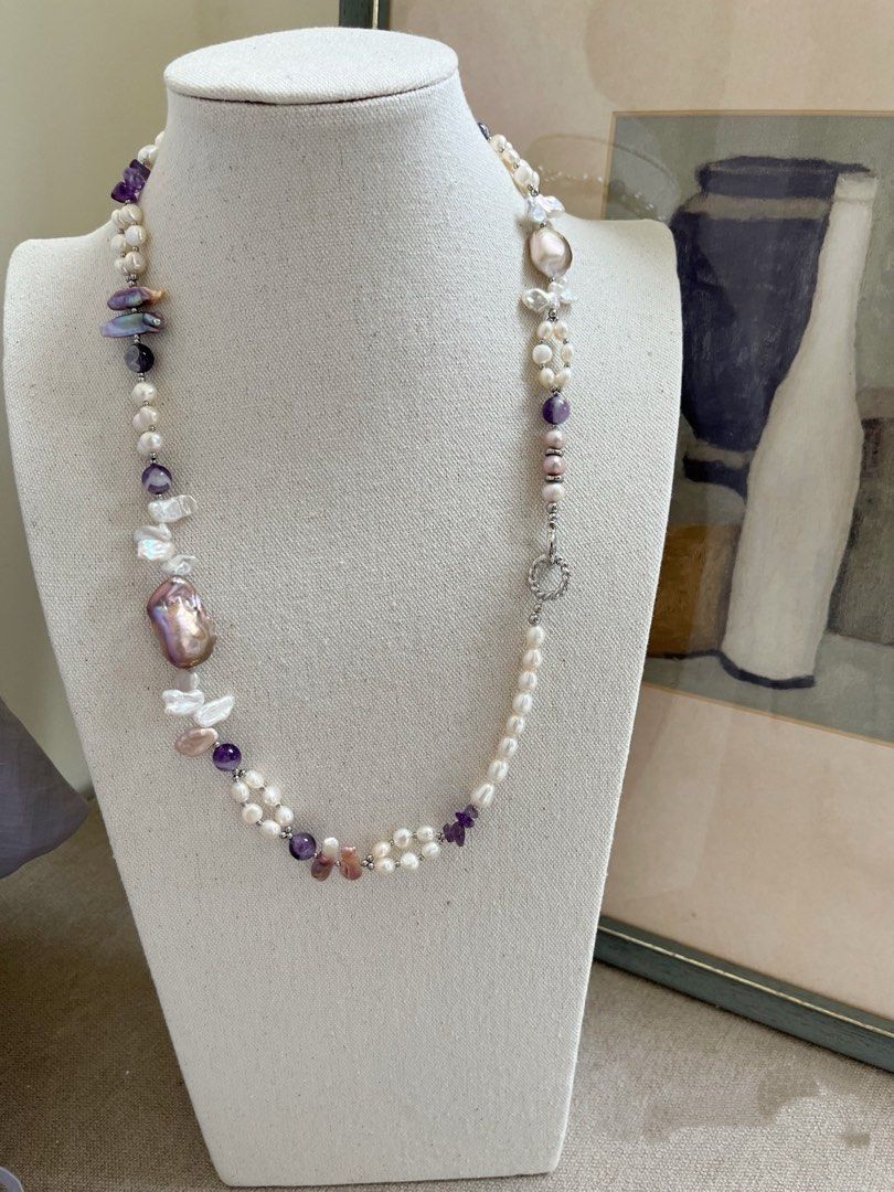 #PN828 Freshwater Pearl Necklace & Bracelet Set | Can Connect to Wear|Oil Painting Fishtail Baroque | Braided 2-layer | Amethyst | Lute Pearl | Just the Right Amount