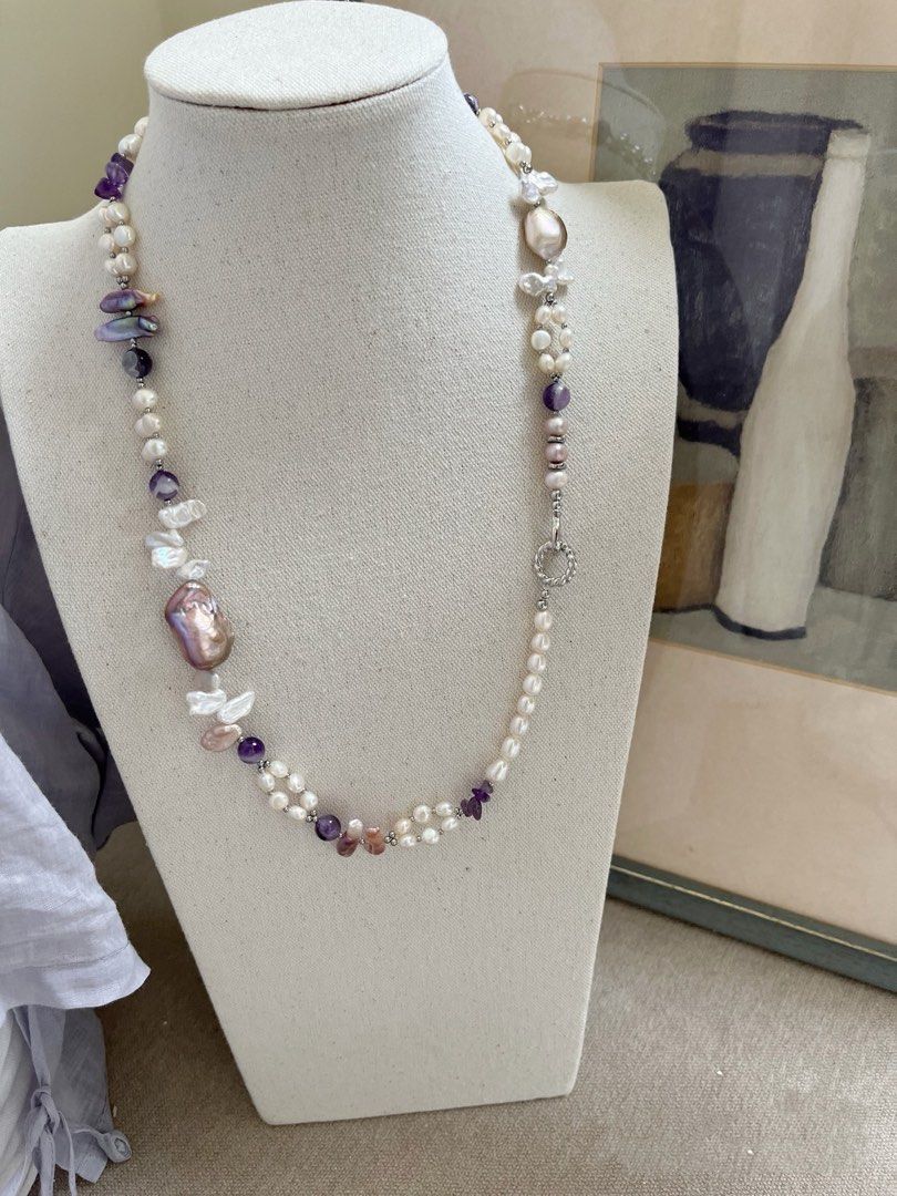 #PN828 Freshwater Pearl Necklace & Bracelet Set | Can Connect to Wear|Oil Painting Fishtail Baroque | Braided 2-layer | Amethyst | Lute Pearl | Just the Right Amount