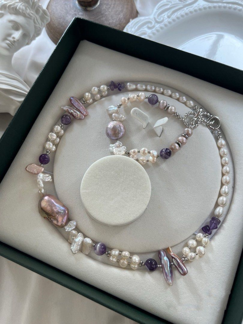 #PN828 Freshwater Pearl Necklace & Bracelet Set | Can Connect to Wear|Oil Painting Fishtail Baroque | Braided 2-layer | Amethyst | Lute Pearl | Just the Right Amount