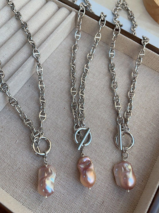 #PN833 [Customer Appreciation] Freshwater Pearl Necklace | 20mm Fishtail Baroque Pendant | Purple | Lustrous | Silver Colour Chain| A Little Luxe Goes Far