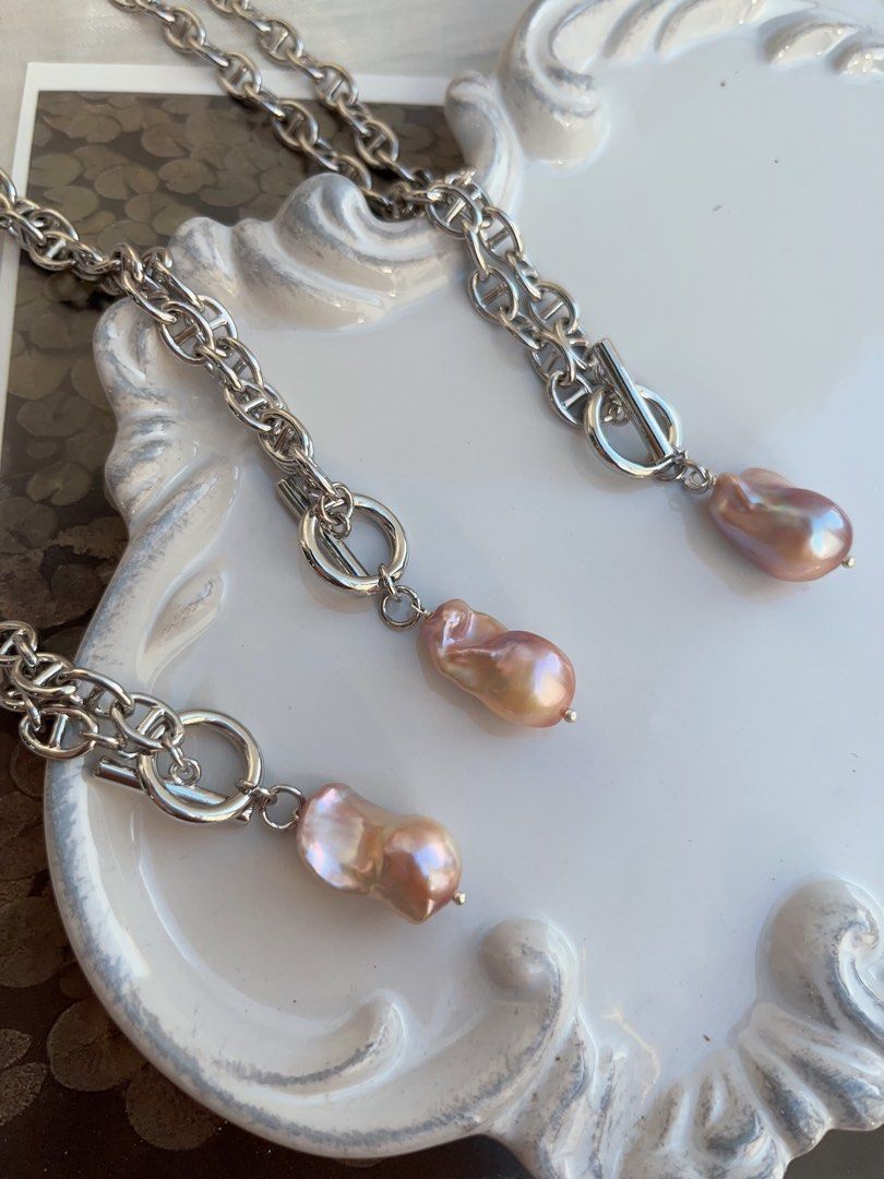 #PN833 [Customer Appreciation] Freshwater Pearl Necklace | 20mm Fishtail Baroque Pendant | Purple | Lustrous | Silver Colour Chain| A Little Luxe Goes Far