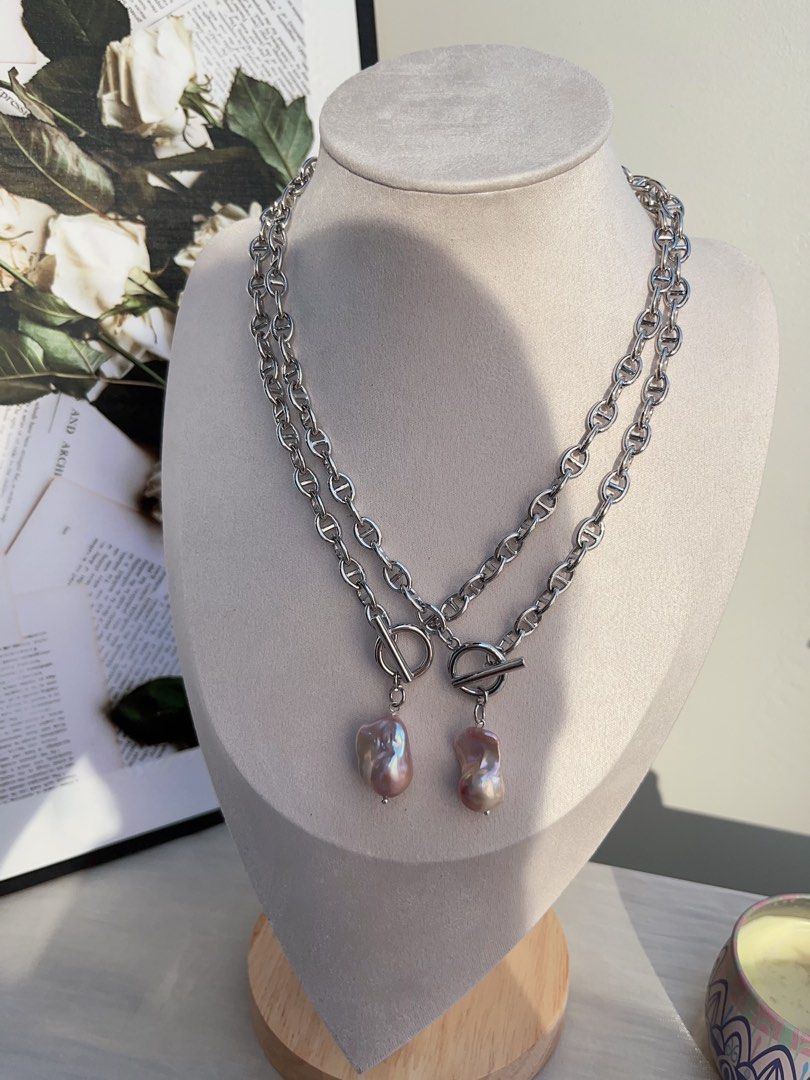 #PN833 [Customer Appreciation] Freshwater Pearl Necklace | 20mm Fishtail Baroque Pendant | Purple | Lustrous | Silver Colour Chain| A Little Luxe Goes Far
