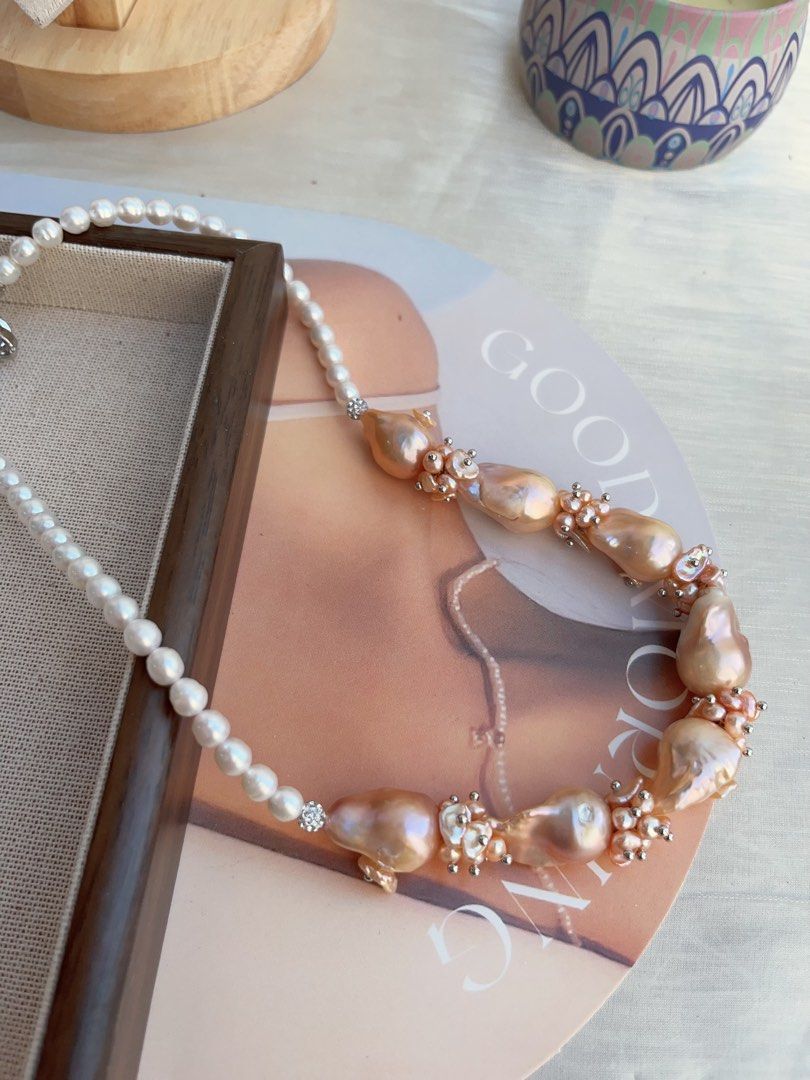 #PN834 [Special Price] [Floral Series] Freshwater Pearl Necklace | Champagne Fishtail Baroque | Petal-on-pearl | White Baby Baroque | Natural Flaws |Excellent Lustre | Where Style Meets Shine