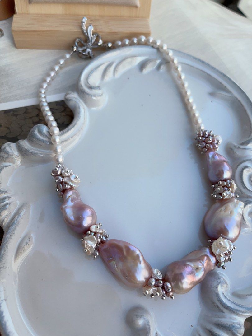 #PN835 [Floral Series] Freshwater Pearl Necklace | Lavender Colour Big Fishtail Baroque | Lustrous | Natural Flaws | White, Purple Petals | Perfect for Wedding 💒