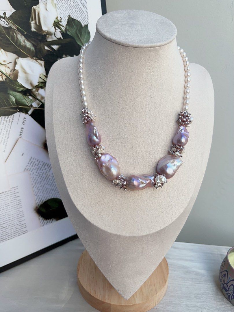 #PN835 [Floral Series] Freshwater Pearl Necklace | Lavender Colour Big Fishtail Baroque | Lustrous | Natural Flaws | White, Purple Petals | Perfect for Wedding 💒