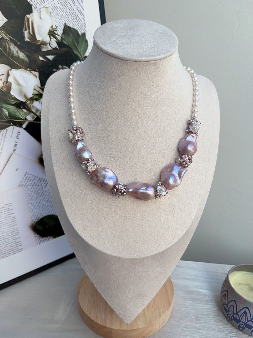 #PN835 [Floral Series] Freshwater Pearl Necklace | Lavender Colour Big Fishtail Baroque | Lustrous | Natural Flaws | White, Purple Petals | Perfect for Wedding 💒
