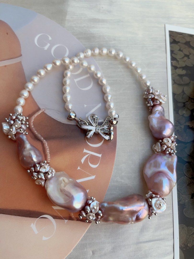 #PN835 [Floral Series] Freshwater Pearl Necklace | Lavender Colour Big Fishtail Baroque | Lustrous | Natural Flaws | White, Purple Petals | Perfect for Wedding 💒