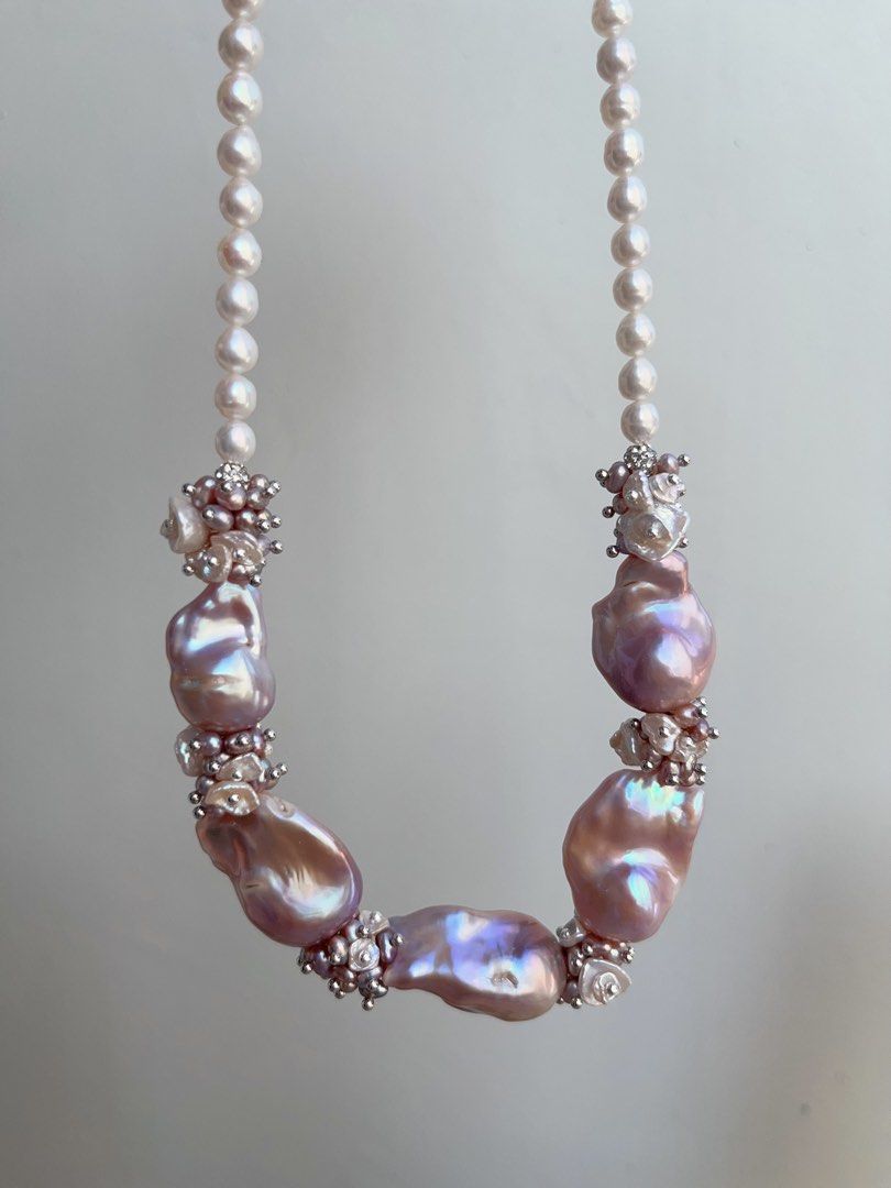 #PN835 [Floral Series] Freshwater Pearl Necklace | Lavender Colour Big Fishtail Baroque | Lustrous | Natural Flaws | White, Purple Petals | Perfect for Wedding 💒