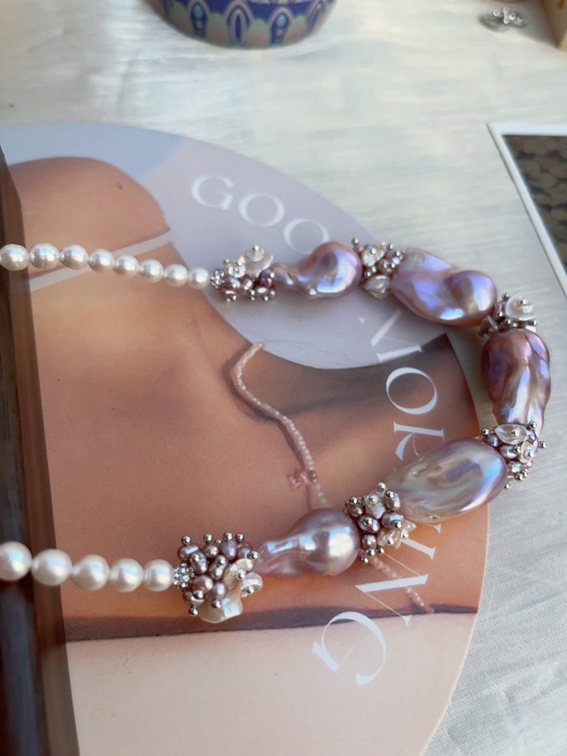 #PN835 [Floral Series] Freshwater Pearl Necklace | Lavender Colour Big Fishtail Baroque | Lustrous | Natural Flaws | White, Purple Petals | Perfect for Wedding 💒