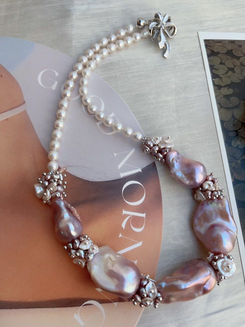 #PN835 [Floral Series] Freshwater Pearl Necklace | Lavender Colour Big Fishtail Baroque | Lustrous | Natural Flaws | White, Purple Petals | Perfect for Wedding 💒