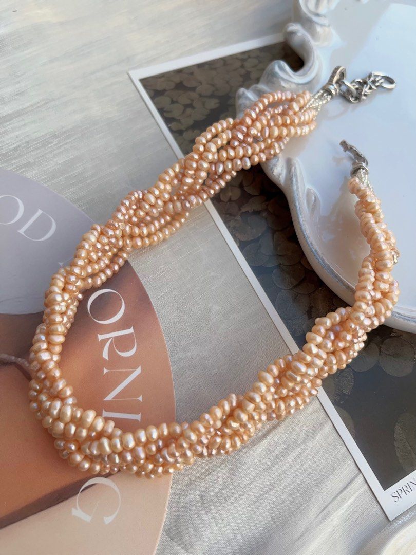#PN836 Freshwater Pearl Necklace| Orange 🍊 Sparkling |Six Layers| Braided Design| Bridal Vibe| For Grand Occasion