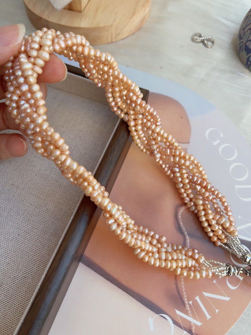 #PN836 Freshwater Pearl Necklace| Orange 🍊 Sparkling |Six Layers| Braided Design| Bridal Vibe| For Grand Occasion