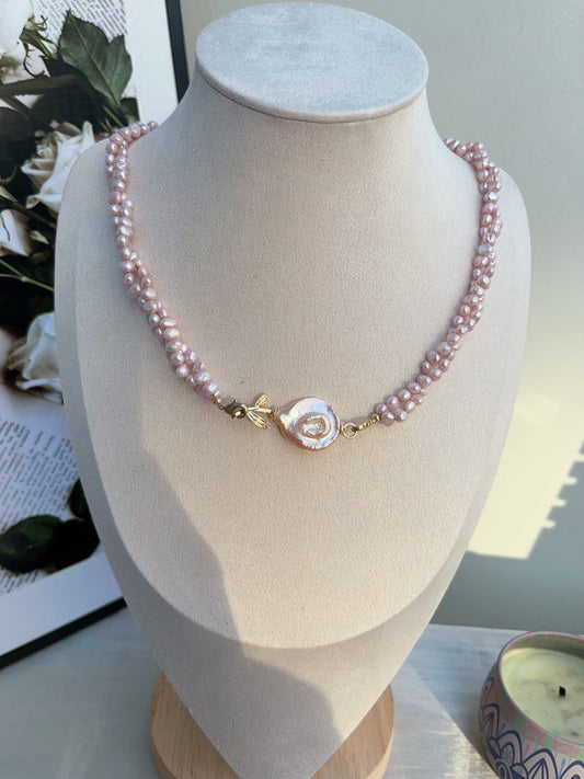 #PN837 Freshwater Pearl Necklace | Summer Rose| Plated Pink Colour | Two Layers| Twisted| Removable “Rose”|As Versatile As You