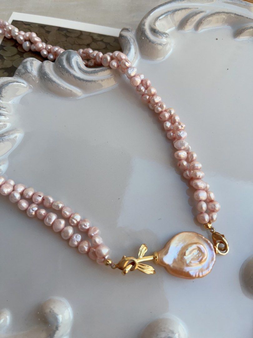 #PN837 Freshwater Pearl Necklace | Summer Rose| Plated Pink Colour | Two Layers| Twisted| Removable “Rose”|As Versatile As You