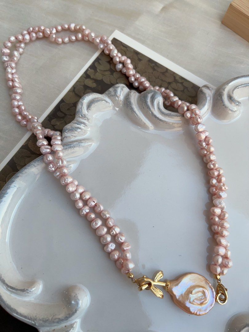 #PN837 Freshwater Pearl Necklace | Summer Rose| Plated Pink Colour | Two Layers| Twisted| Removable “Rose”|As Versatile As You