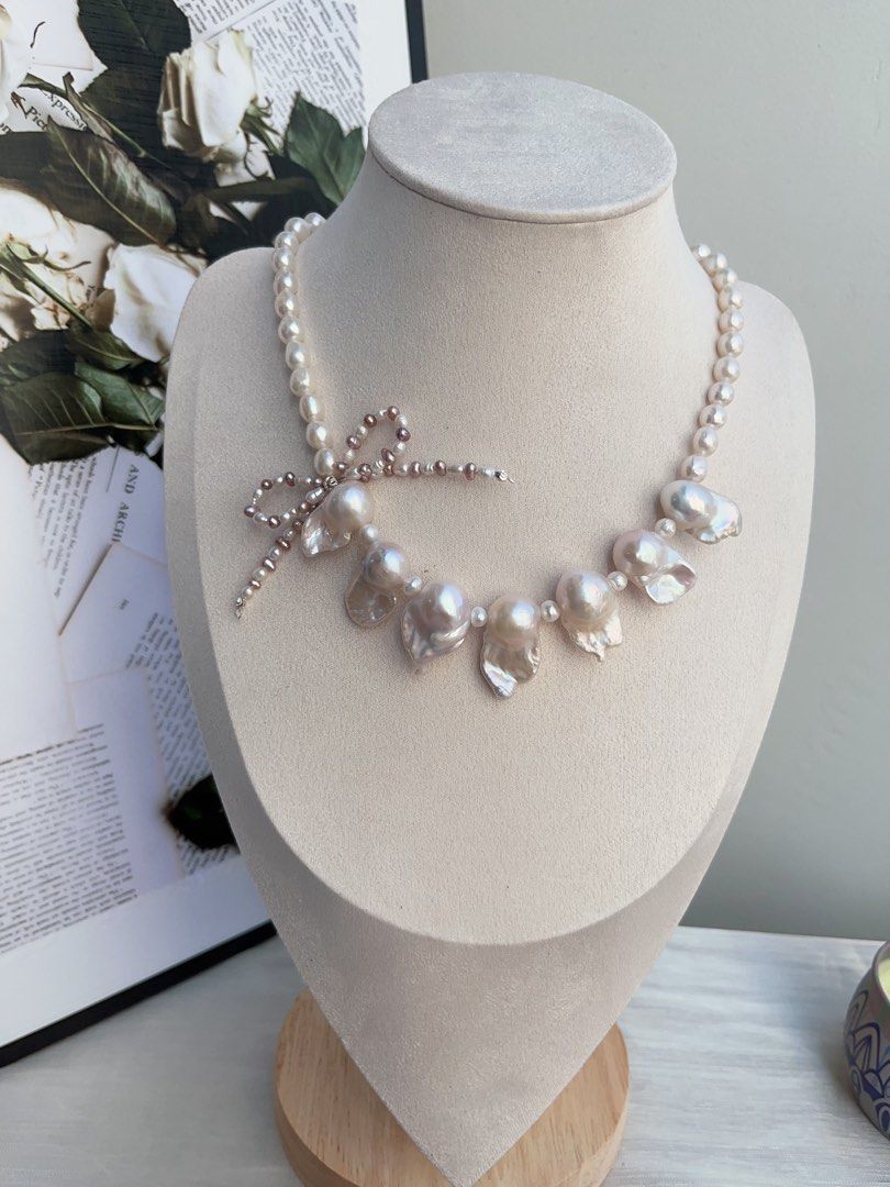 #PN838 Freshwater Pearl Necklace | Pearl Bow Tie Design| Lustrous Fishtail Baroque|Natural Flaws | Genuine Curiosity