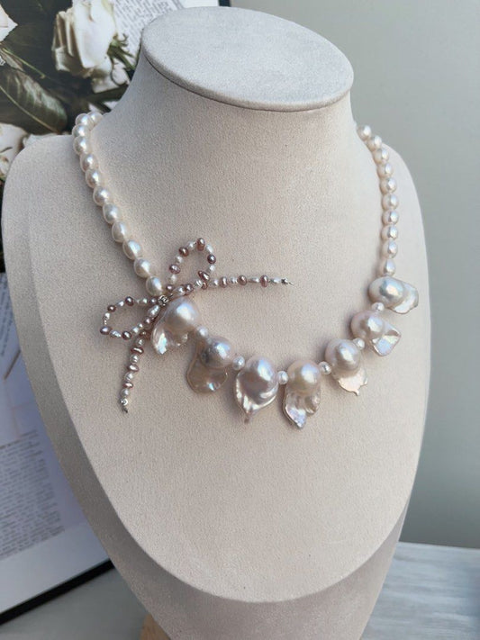 #PN838 Freshwater Pearl Necklace | Pearl Bow Tie Design| Lustrous Fishtail Baroque|Natural Flaws | Genuine Curiosity