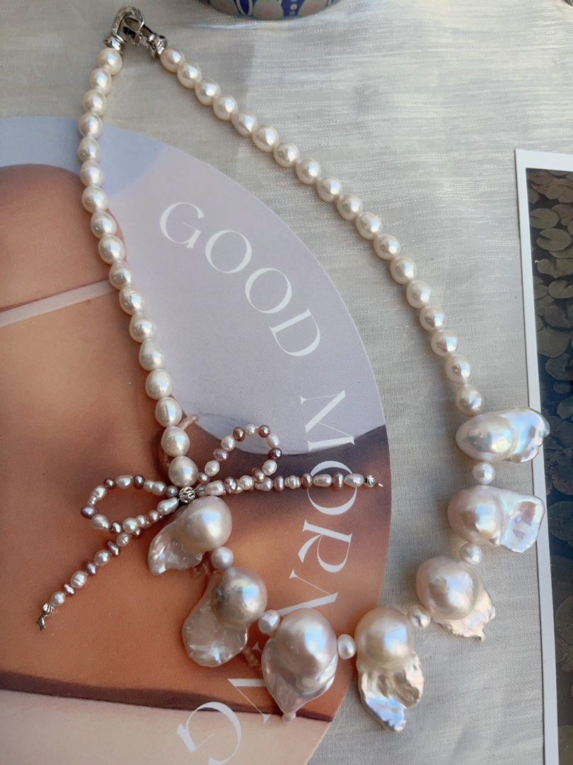 #PN838 Freshwater Pearl Necklace | Pearl Bow Tie Design| Lustrous Fishtail Baroque|Natural Flaws | Genuine Curiosity