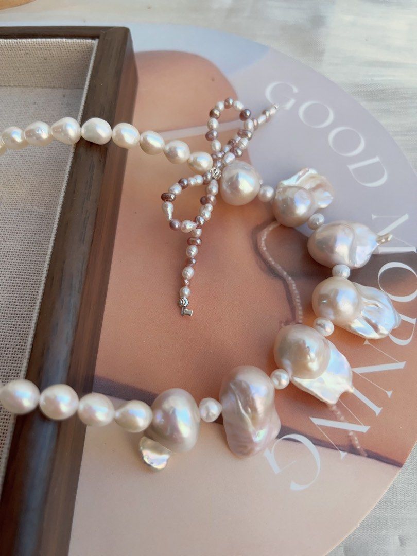 #PN838 Freshwater Pearl Necklace | Pearl Bow Tie Design| Lustrous Fishtail Baroque|Natural Flaws | Genuine Curiosity