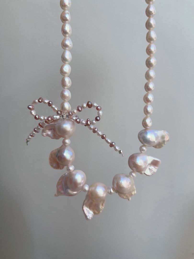 #PN838 Freshwater Pearl Necklace | Pearl Bow Tie Design| Lustrous Fishtail Baroque|Natural Flaws | Genuine Curiosity