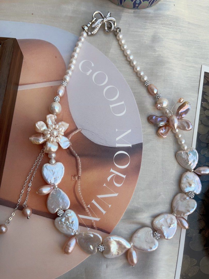 #PN840 Freshwater Pearl Necklace | Heart Baroque | Butterfly Design| Pearl Flower | Lustrous | Sweet & Elegant