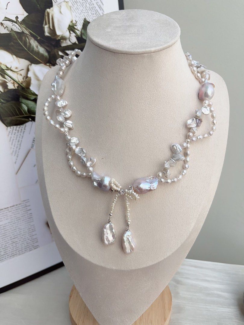 #PN843 Freshwater Pearl Necklace | Morandi Colour Blue-purple Fishtail Baroque | Bow Tie| Silver Stone Pearl | Dangling Baroque | Lustrous | Charming & Gorgeous |Wedding Jewelry