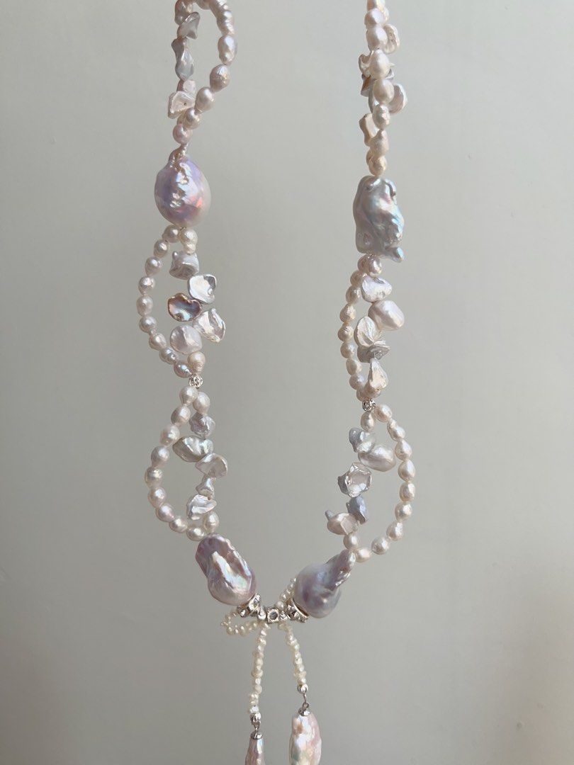 #PN843 Freshwater Pearl Necklace | Morandi Colour Blue-purple Fishtail Baroque | Bow Tie| Silver Stone Pearl | Dangling Baroque | Lustrous | Charming & Gorgeous |Wedding Jewelry