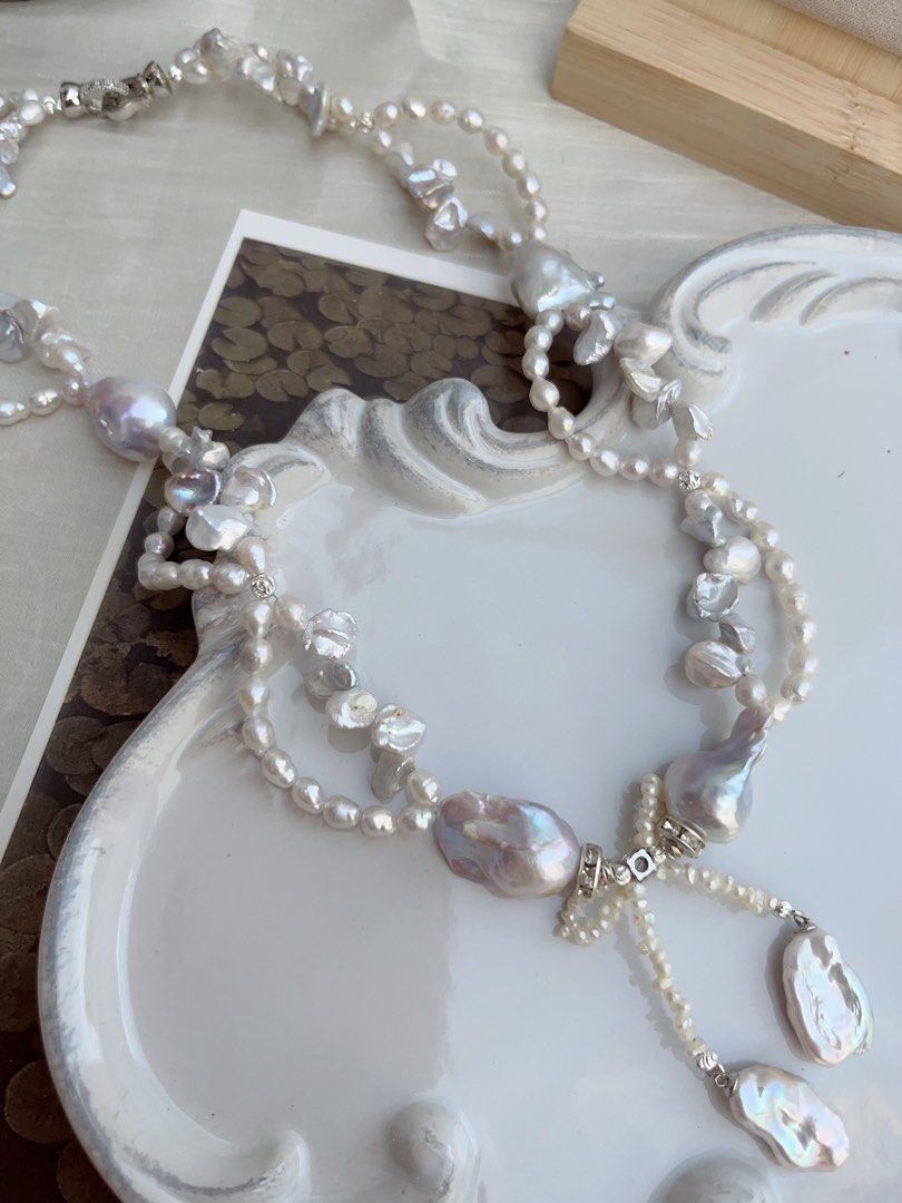 #PN843 Freshwater Pearl Necklace | Morandi Colour Blue-purple Fishtail Baroque | Bow Tie| Silver Stone Pearl | Dangling Baroque | Lustrous | Charming & Gorgeous |Wedding Jewelry