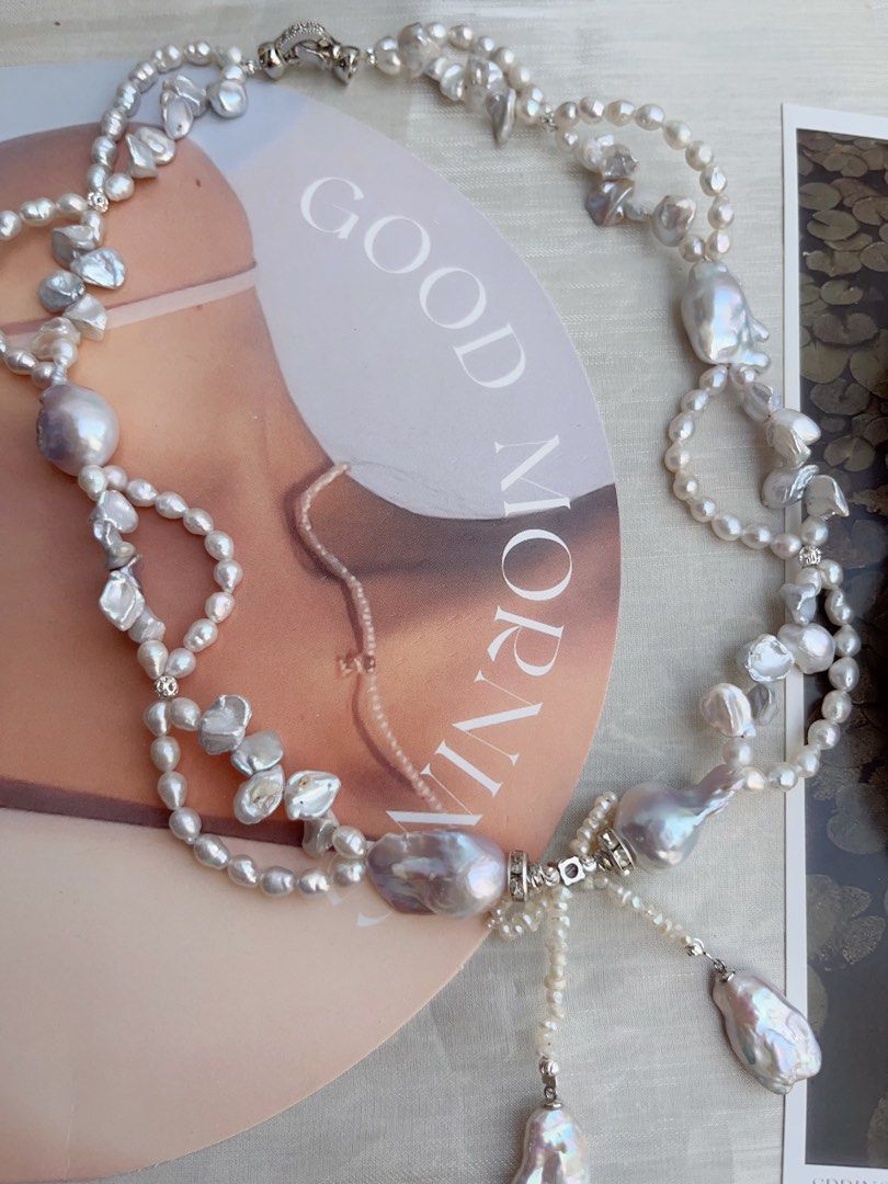 #PN843 Freshwater Pearl Necklace | Morandi Colour Blue-purple Fishtail Baroque | Bow Tie| Silver Stone Pearl | Dangling Baroque | Lustrous | Charming & Gorgeous |Wedding Jewelry