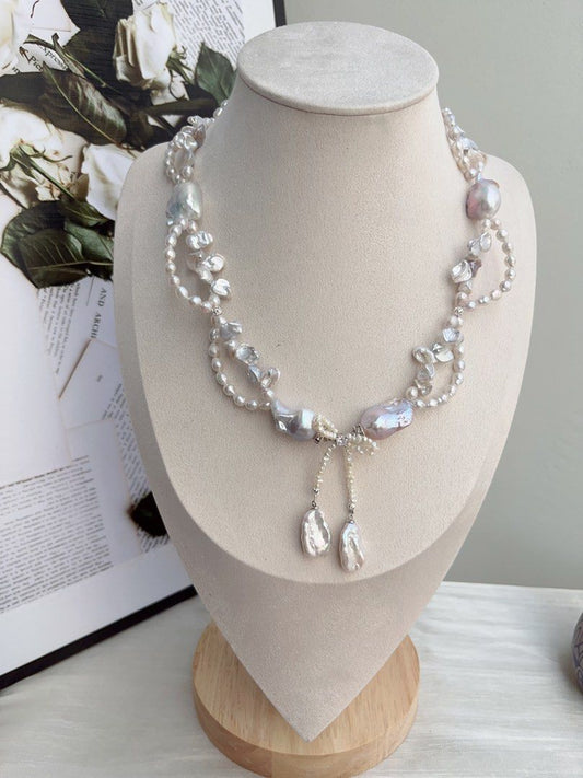 #PN843 Freshwater Pearl Necklace | Morandi Colour Blue-purple Fishtail Baroque | Bow Tie| Silver Stone Pearl | Dangling Baroque | Lustrous | Charming & Gorgeous |Wedding Jewelry