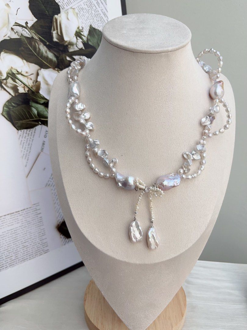 #PN843 Freshwater Pearl Necklace | Morandi Colour Blue-purple Fishtail Baroque | Bow Tie| Silver Stone Pearl | Dangling Baroque | Lustrous | Charming & Gorgeous |Wedding Jewelry