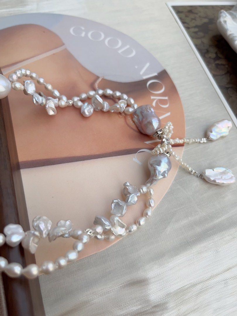 #PN843 Freshwater Pearl Necklace | Morandi Colour Blue-purple Fishtail Baroque | Bow Tie| Silver Stone Pearl | Dangling Baroque | Lustrous | Charming & Gorgeous |Wedding Jewelry