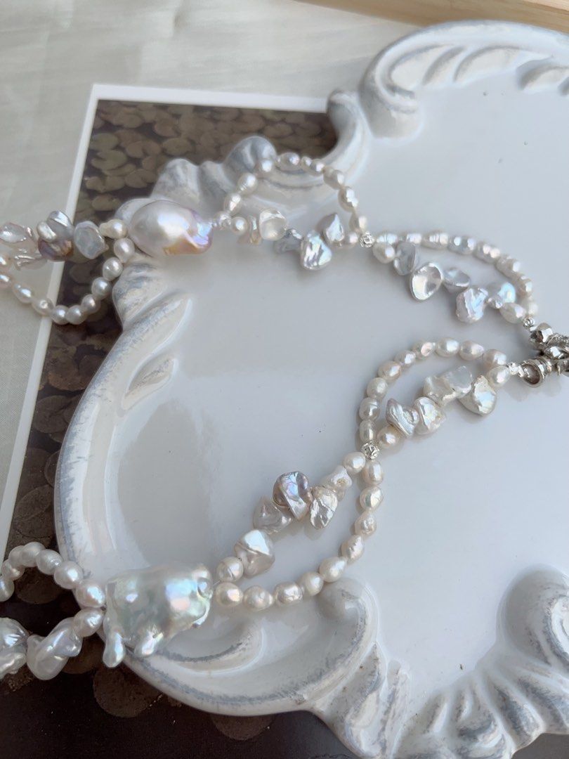 #PN843 Freshwater Pearl Necklace | Morandi Colour Blue-purple Fishtail Baroque | Bow Tie| Silver Stone Pearl | Dangling Baroque | Lustrous | Charming & Gorgeous |Wedding Jewelry
